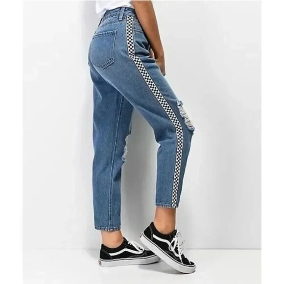 Empyre Eileen Checkered Side Stripe Light Wash Distressed Straight Leg Jeans 4 - Picture 1 of 9